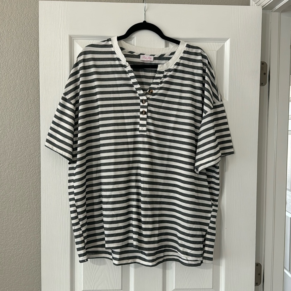 Pink Lily Oversized Stripe Tunic Henley T
